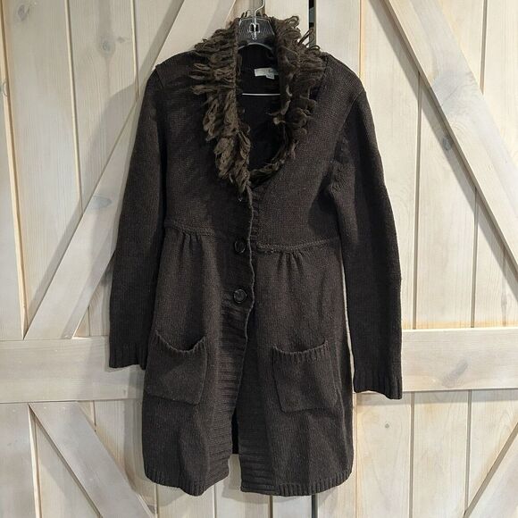 Boden Womens Wool Knit Cardigan Sweater 8 Brown Pockets Buttons Faux Fur - Picture 1 of 11